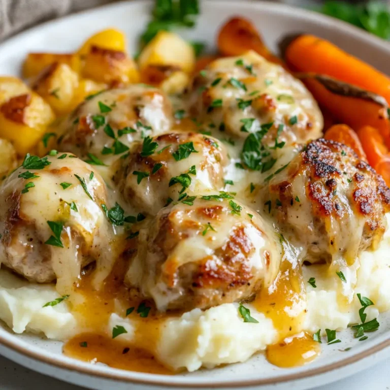 French Onion Chicken Meatballs served with mashed potatoes