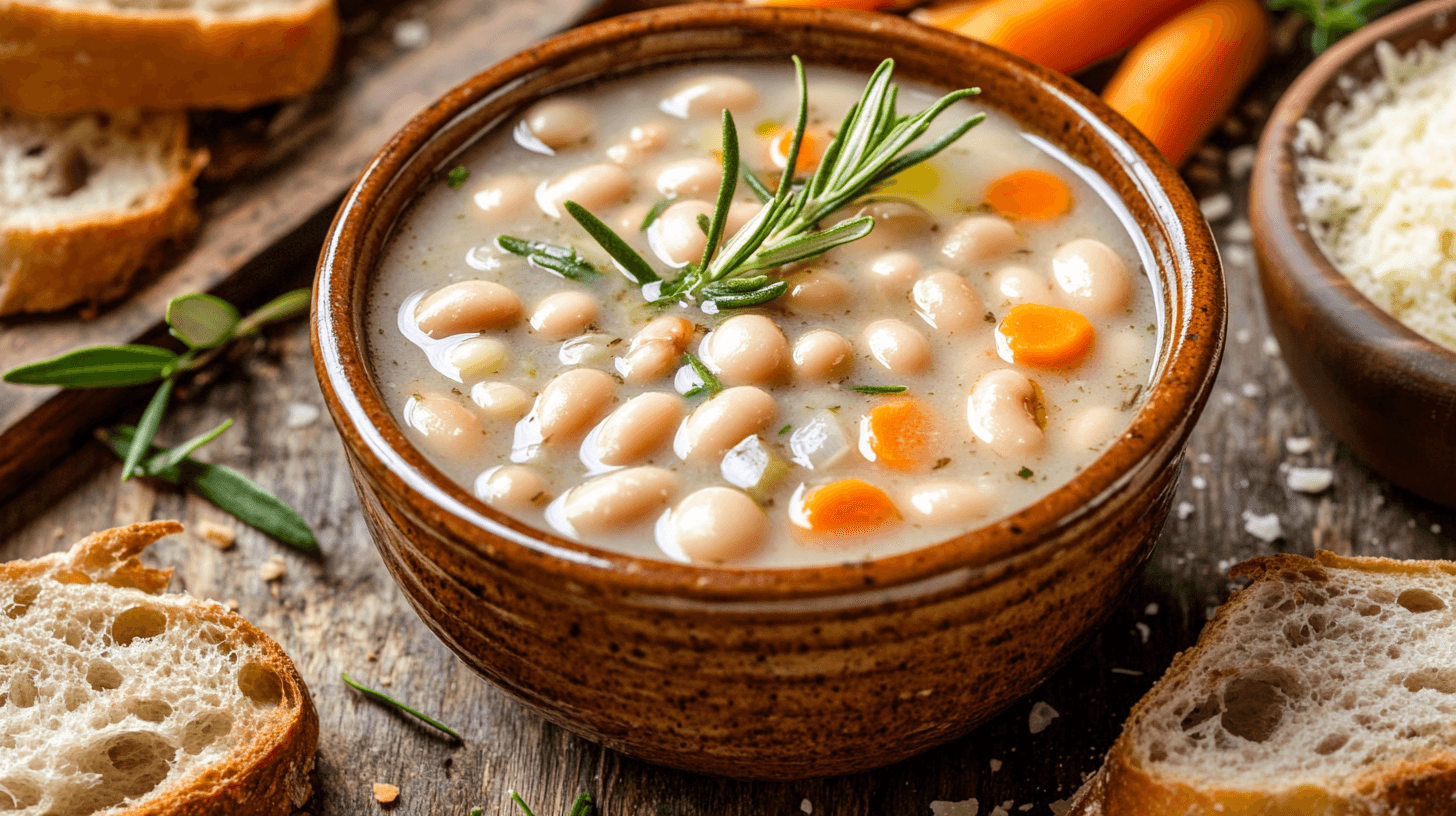 Delicious bowl of Tuscan Bean Soup with creamy cannellini beans, fresh rosemary, and rustic bread, showcasing the rich flavors of this comforting Italian dish.