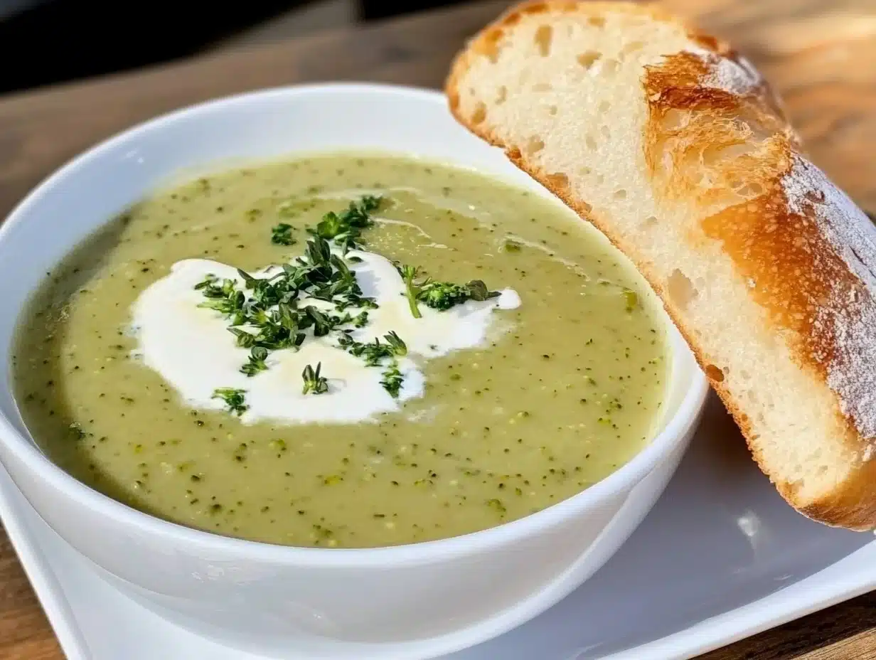 Close-up of a creamy bowl of broccoli soup with fresh herbs and bread.