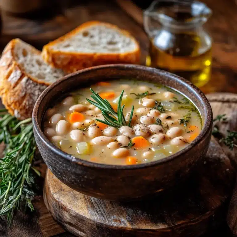 A bowl of White Bean Tuscan Soup served with bread and fresh herbs.