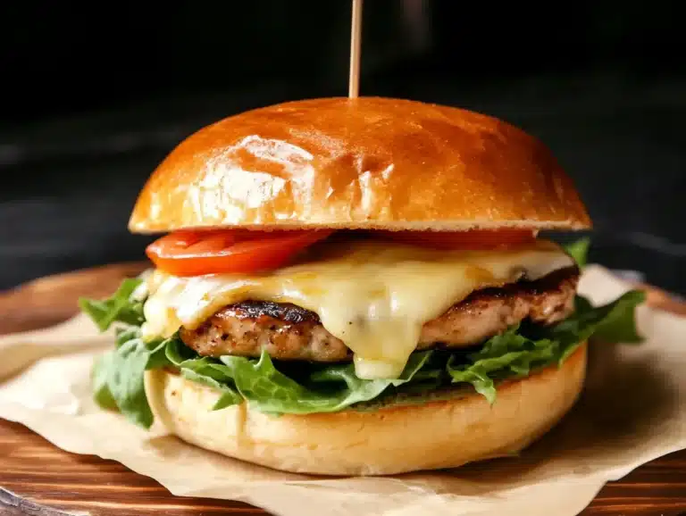 Close-up of a sweet and spicy turkey sandwich with melted cheese and spicy sauce