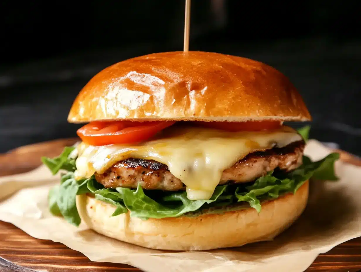 Close-up of a sweet and spicy turkey sandwich with melted cheese and spicy sauce