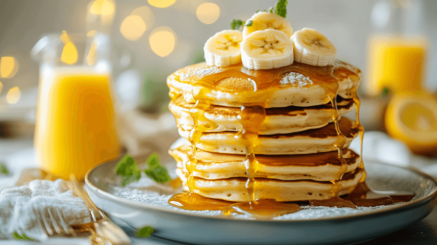 A stack of Banana Foster Pancakes topped with caramelized bananas and caramel sauce on a breakfast table