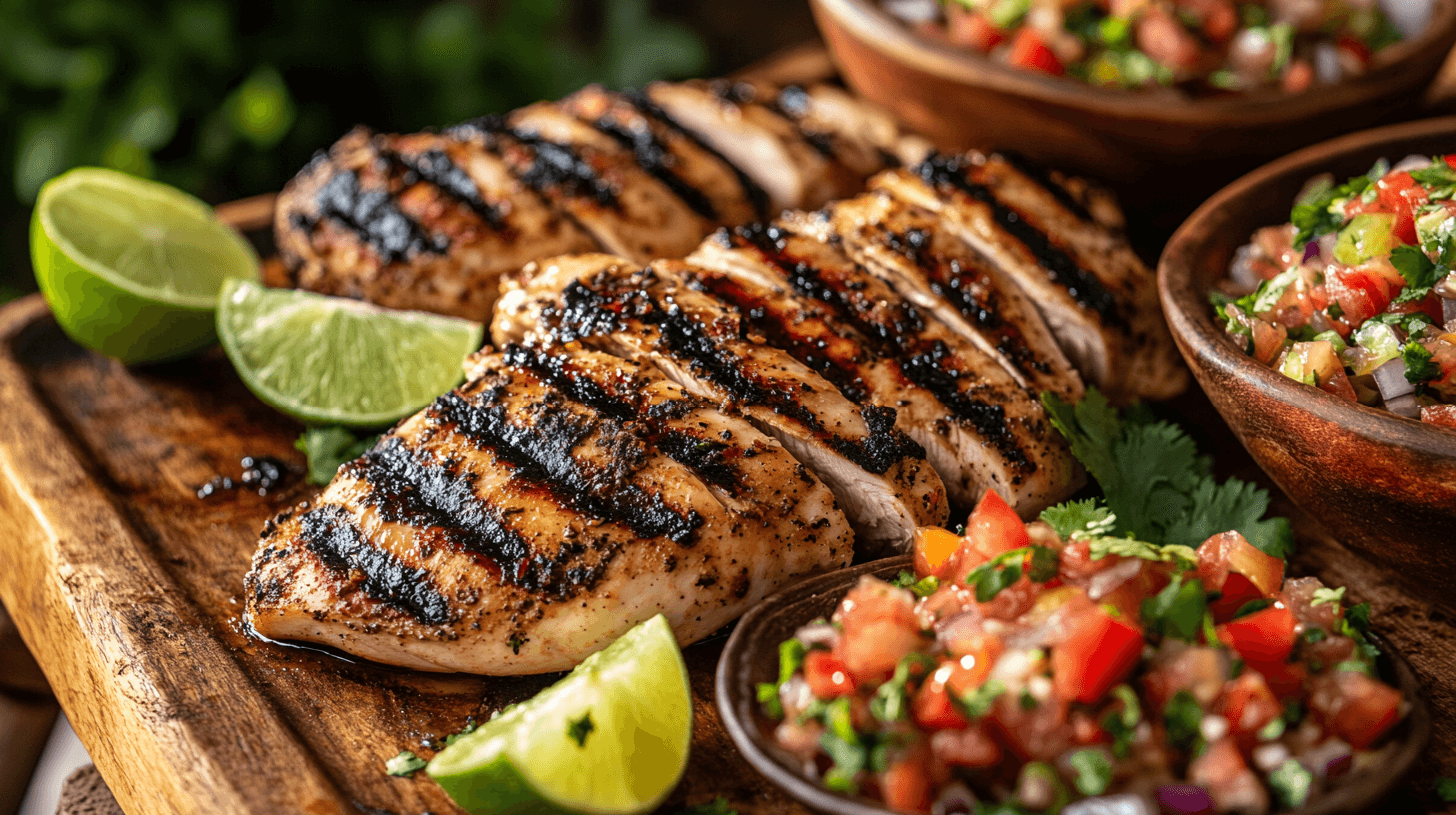 Grilled pollo loco chicken with fresh cilantro and lime on a wooden platter