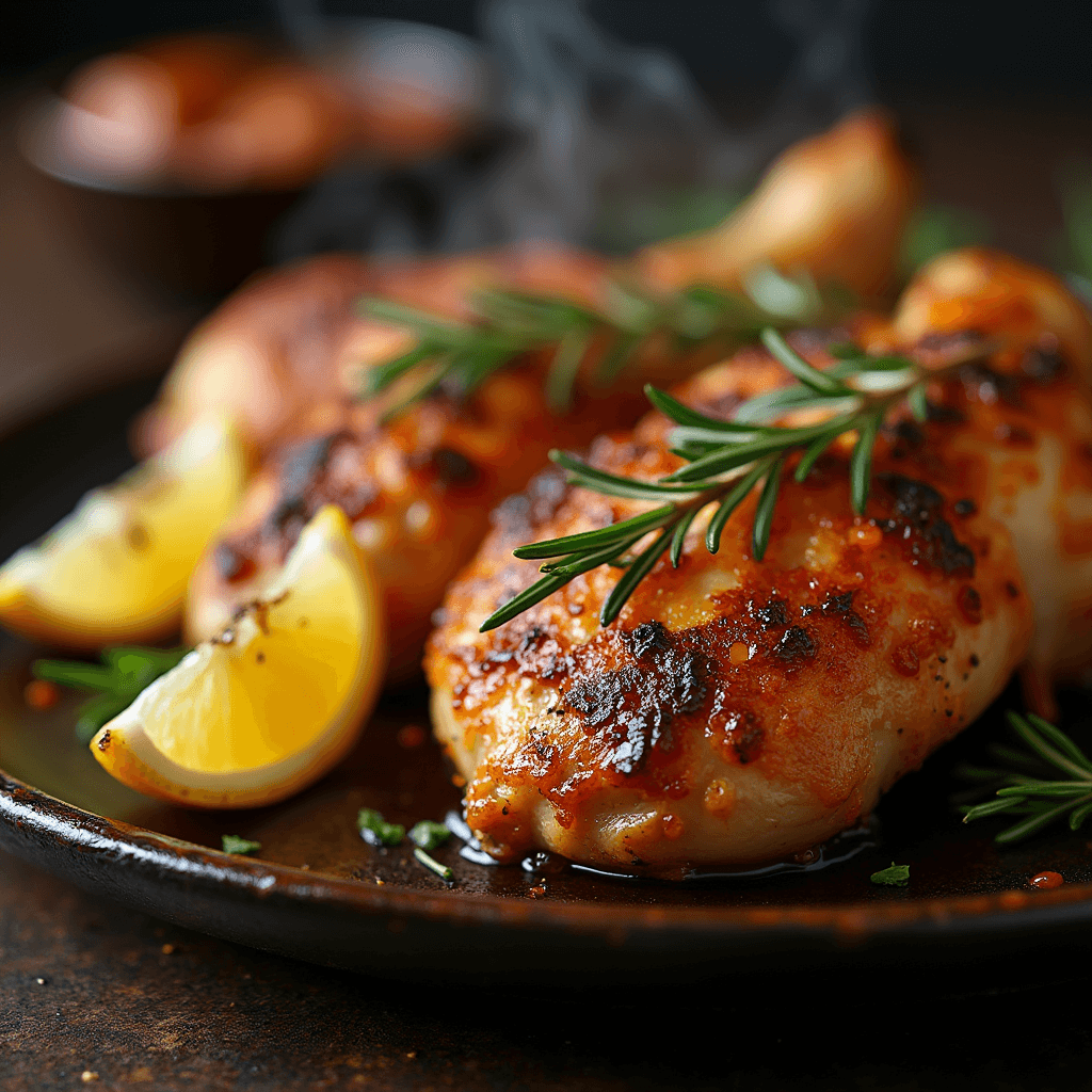 Crispy, golden-brown broiled chicken thighs garnished with fresh rosemary and lemon wedges on a rustic plate