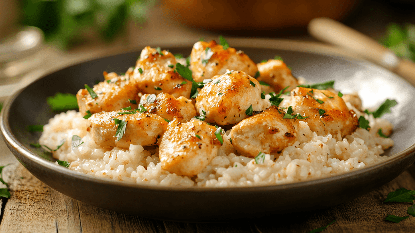 A delicious plate of chicken scampi on garlic parmesan rice, garnished with parsley, served on a wooden table.