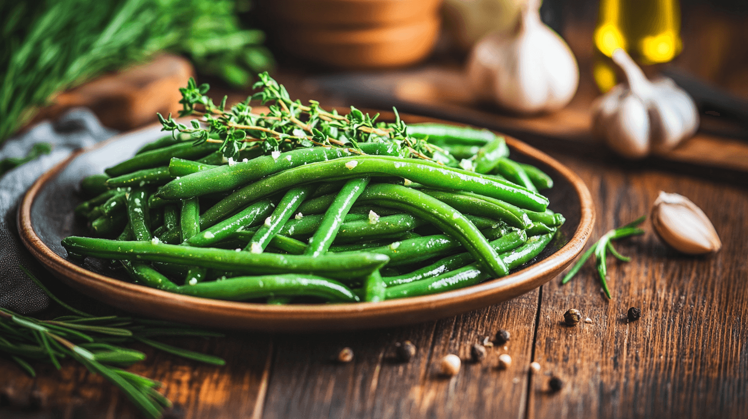 A plate of crack green beans sautéed with garlic and garnished with fresh herbs, showcasing a simple, delicious side dish.