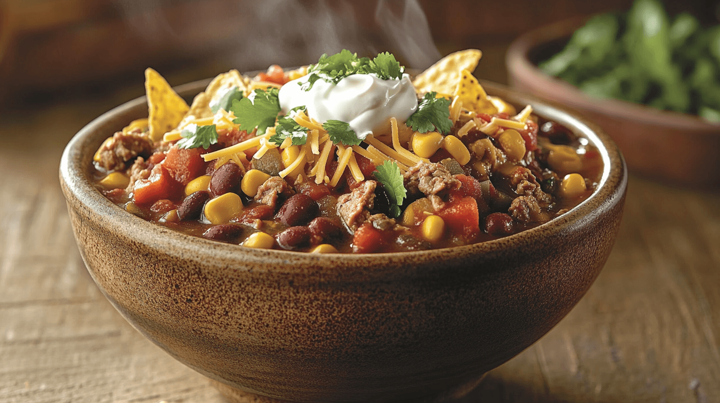 A steaming bowl of taco soup frios garnished with cheese, sour cream, cilantro, and tortilla chips, served on a wooden table.