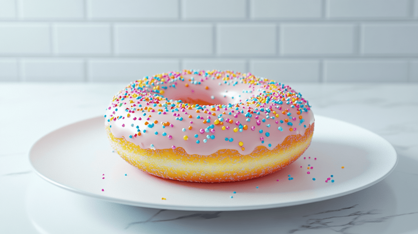 Protein donut with vibrant sprinkles and a smooth glaze, on a white plate.