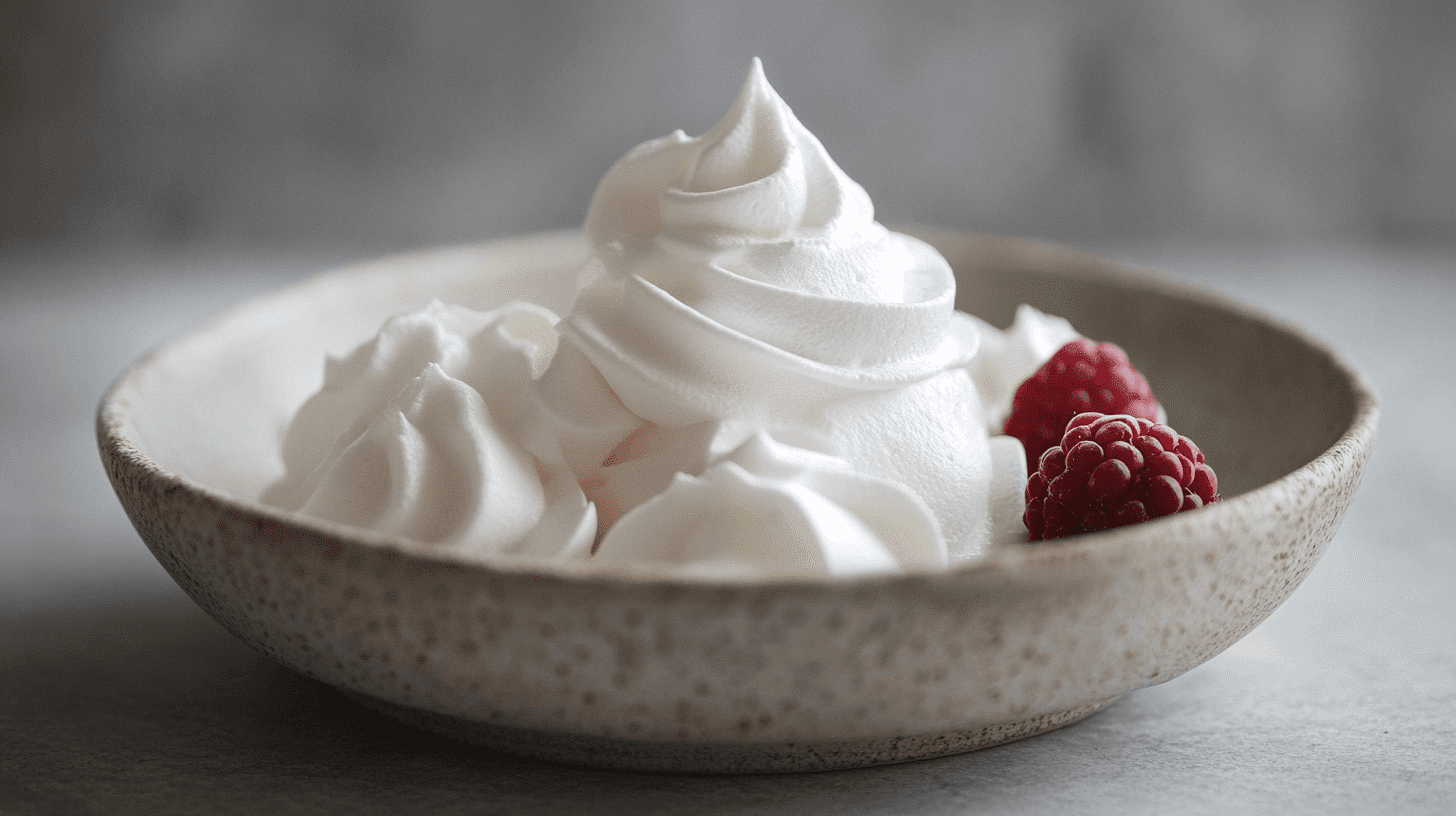 A beautifully arranged merangue dessert topped with fresh berries.