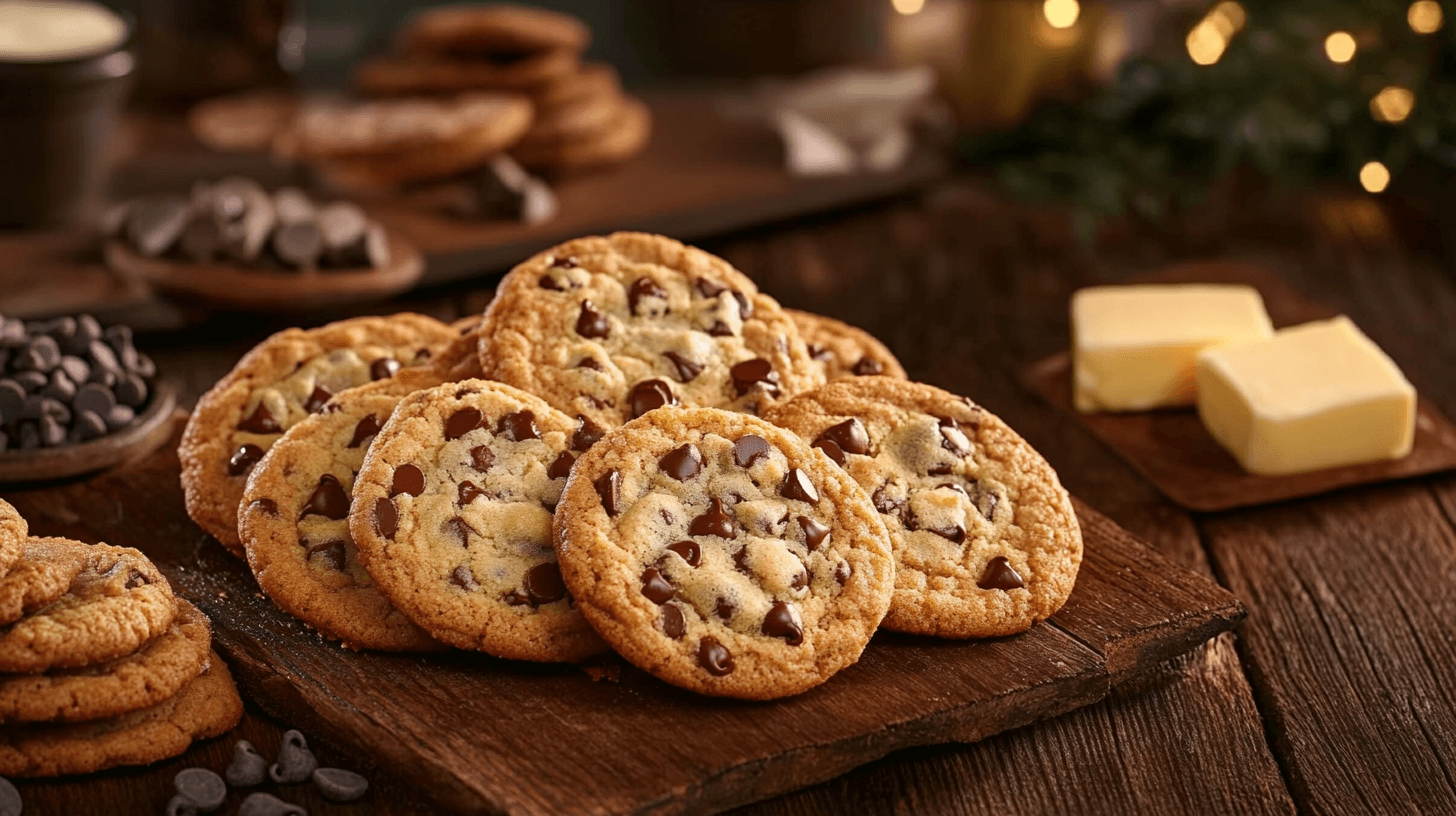 A batch of Disney chocolate chip cookies on a wooden table with ingredients around.