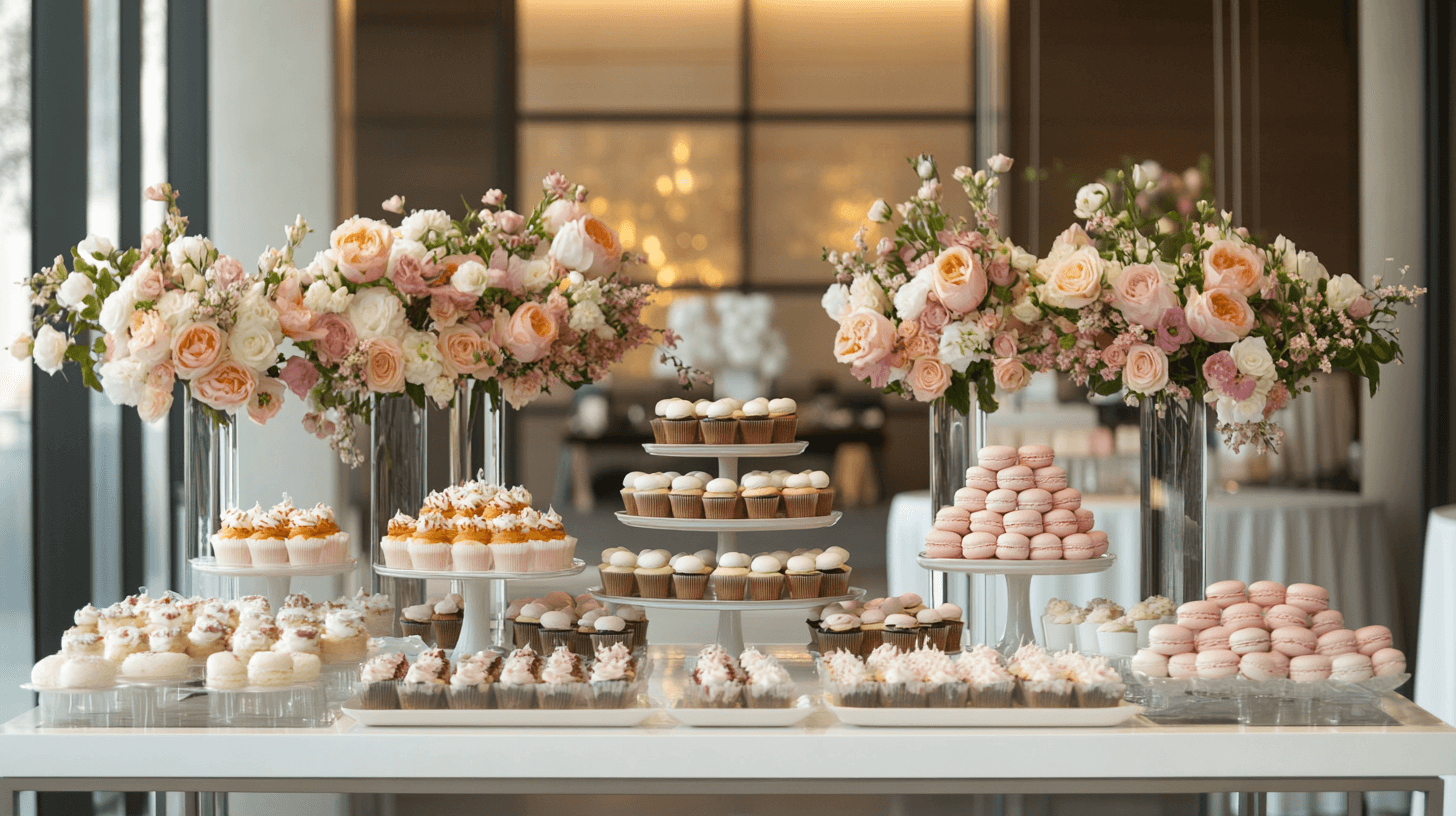 A pastel-themed dessert table with cupcakes, macarons, cake pops, and flowers.