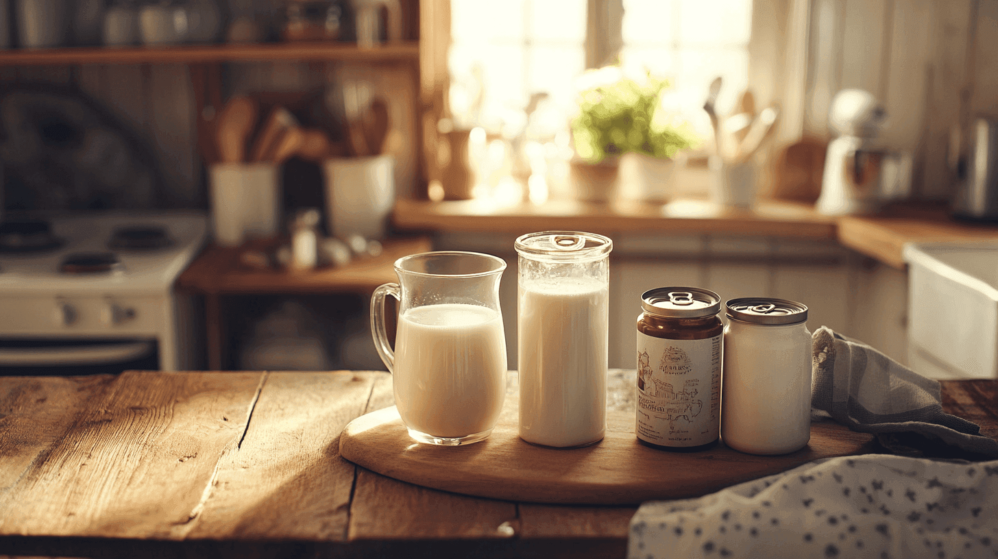 A cozy kitchen setup featuring cans of evaporated and condensed milk alongside a glass of milk on a wooden countertop.