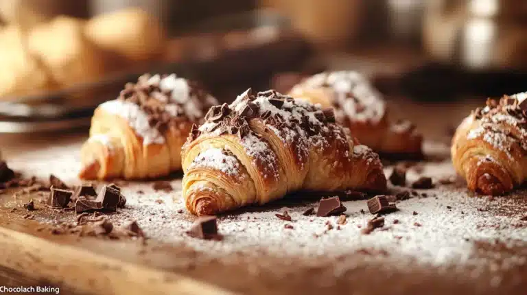 Freshly baked chocolate rugelach on a modern countertop, garnished with powdered sugar and chocolate shavings