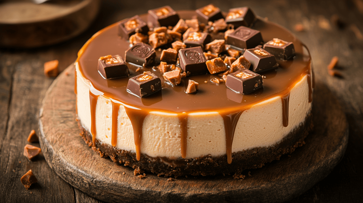 A whole Reese's caramel cheesecake with caramel drizzle and Reese's pieces on a rustic wooden table.