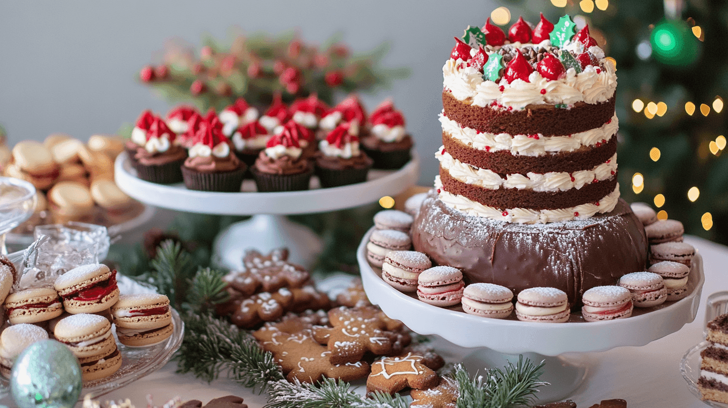A Christmas dessert table showcasing a Yule log, macarons, cookies, and a layered cake with holiday decor.