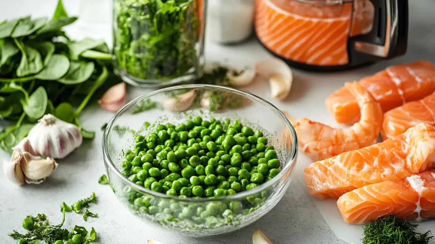 Fresh ingredients for a healthy fish food recipe, including shrimp, spinach, peas, and seaweed, being prepared in a light and vibrant kitchen setting.