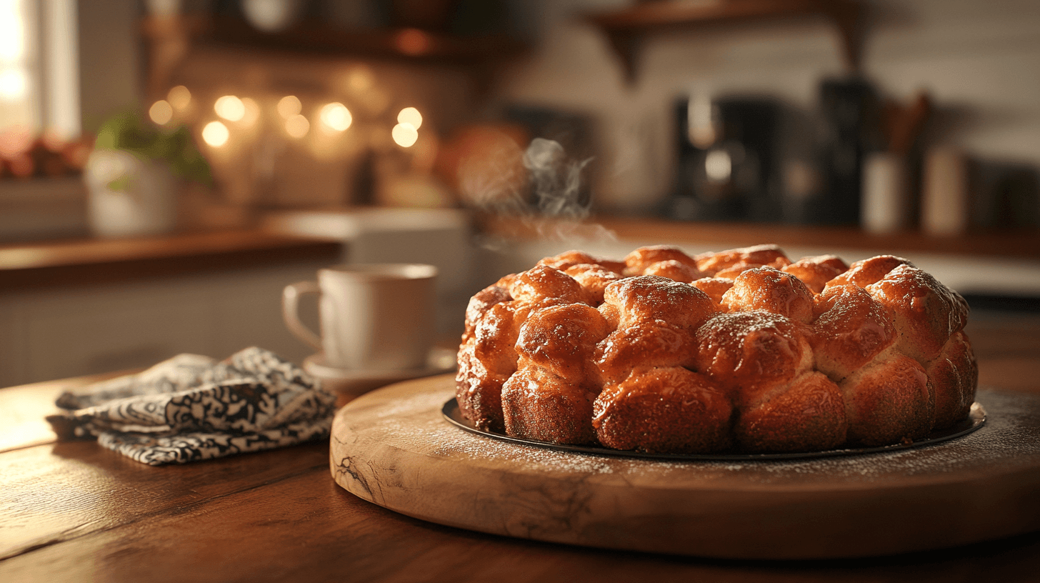 A golden-brown Rhodes Rolls Monkey Bread on a rustic wooden countertop with cozy kitchen decor.
