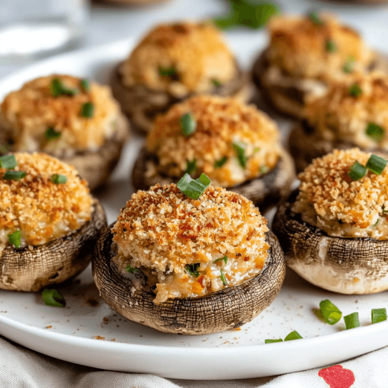A plate of delicious Crab-Stuffed Mushrooms filled with a creamy crab mixture, topped with golden breadcrumbs and herbs, served on a white platter with a dotted beige tablecloth.