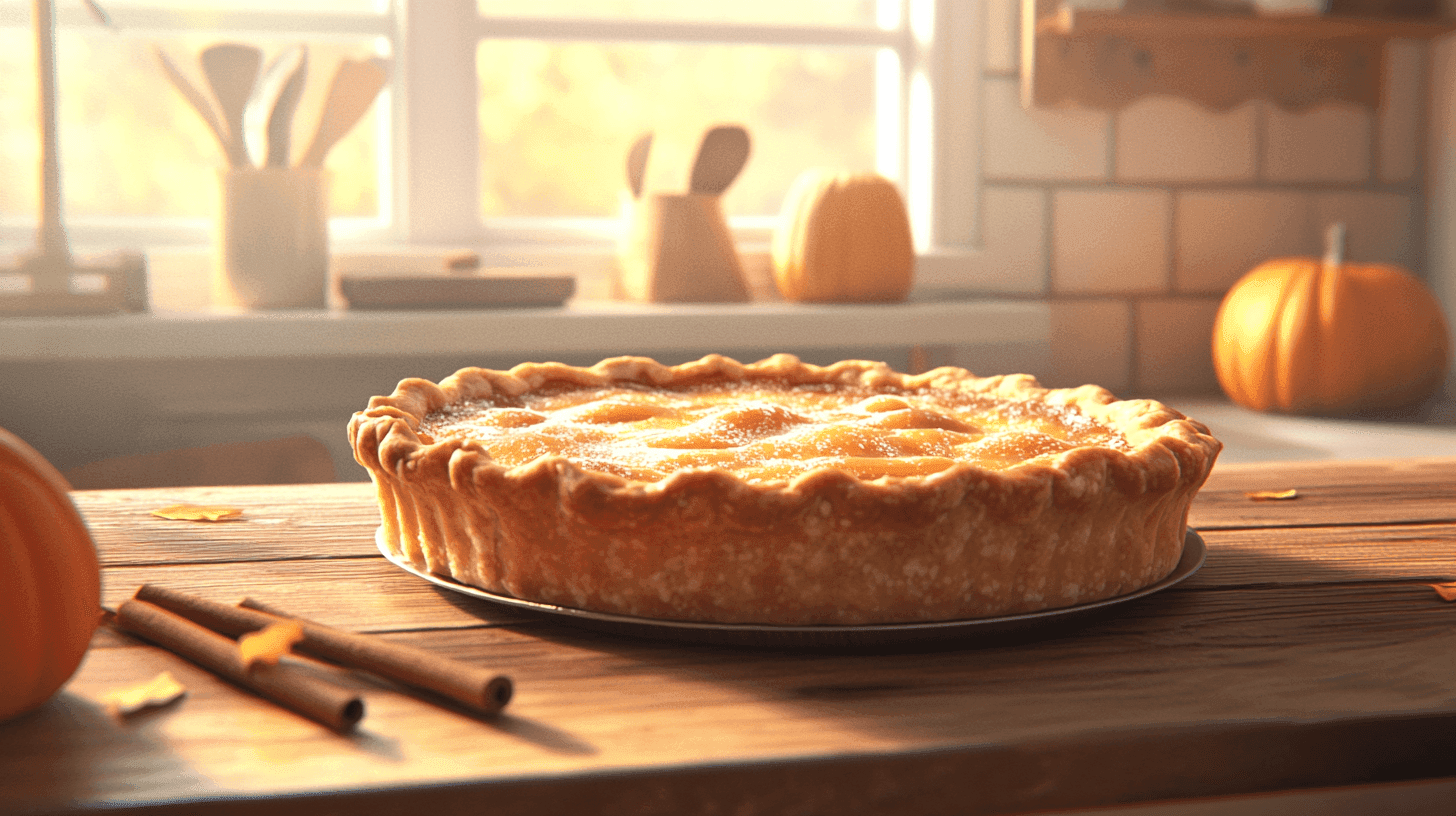 A perfectly baked pumpkin pie on a wooden countertop with autumn decorations in the background.