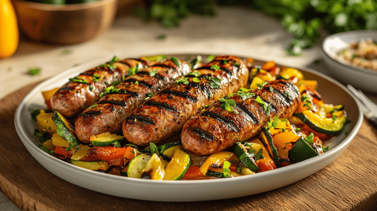 A colorful plate of Italian chicken sausage with grilled vegetables and herbs.