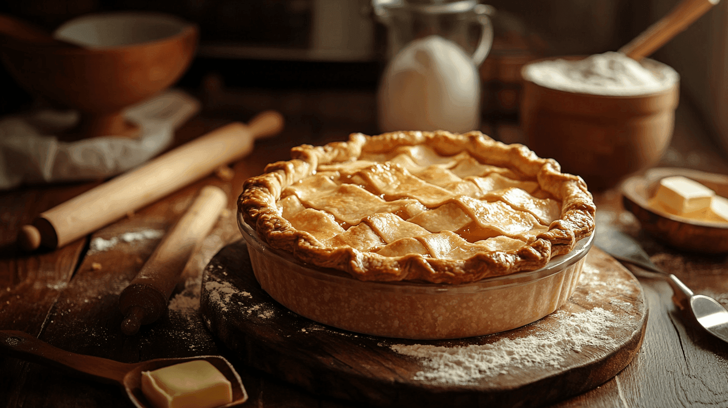 A golden homemade pie crust on a rustic wooden table surrounded by baking tools.