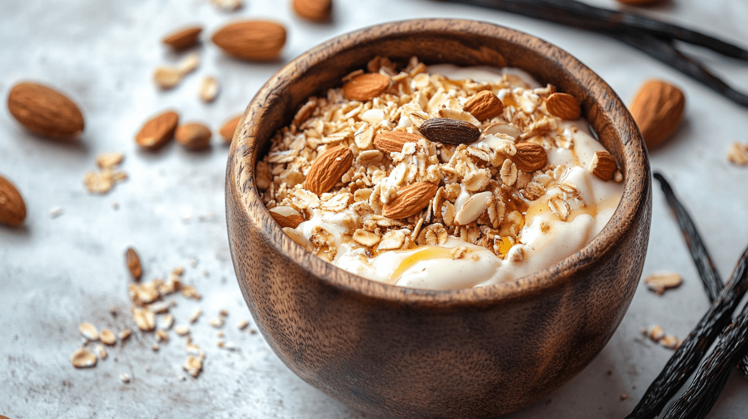 A bowl of homemade vanilla nut granola with almonds, oats, and honey drizzle.