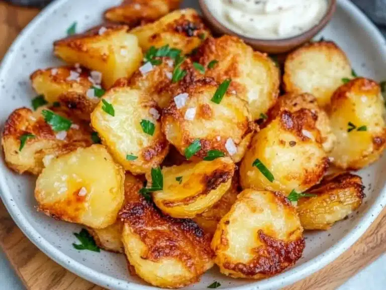 Golden crispy smashed potatoes served on a plate with garlic butter and parsley.