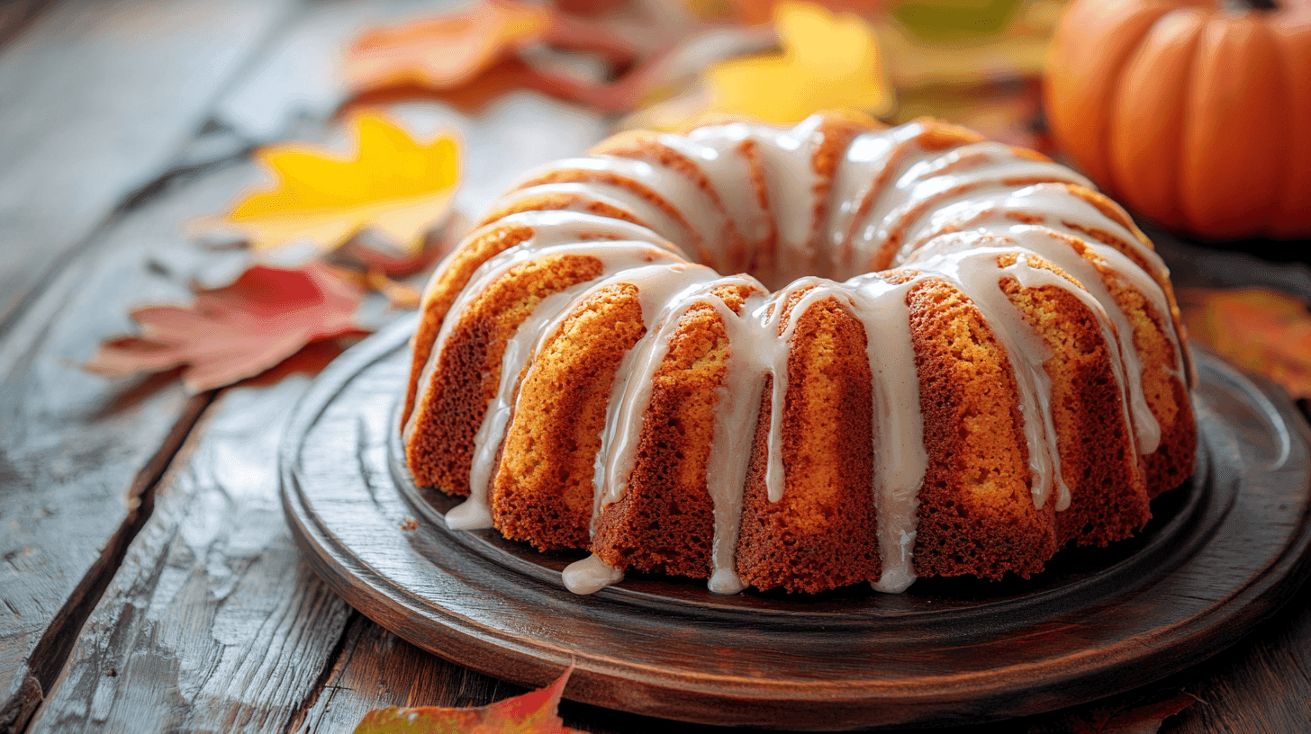 A cozy autumn-themed setting featuring a moist pumpkin olive oil cake with a shiny glaze drizzled on top, surrounded by vibrant fall leaves in warm hues of orange and red