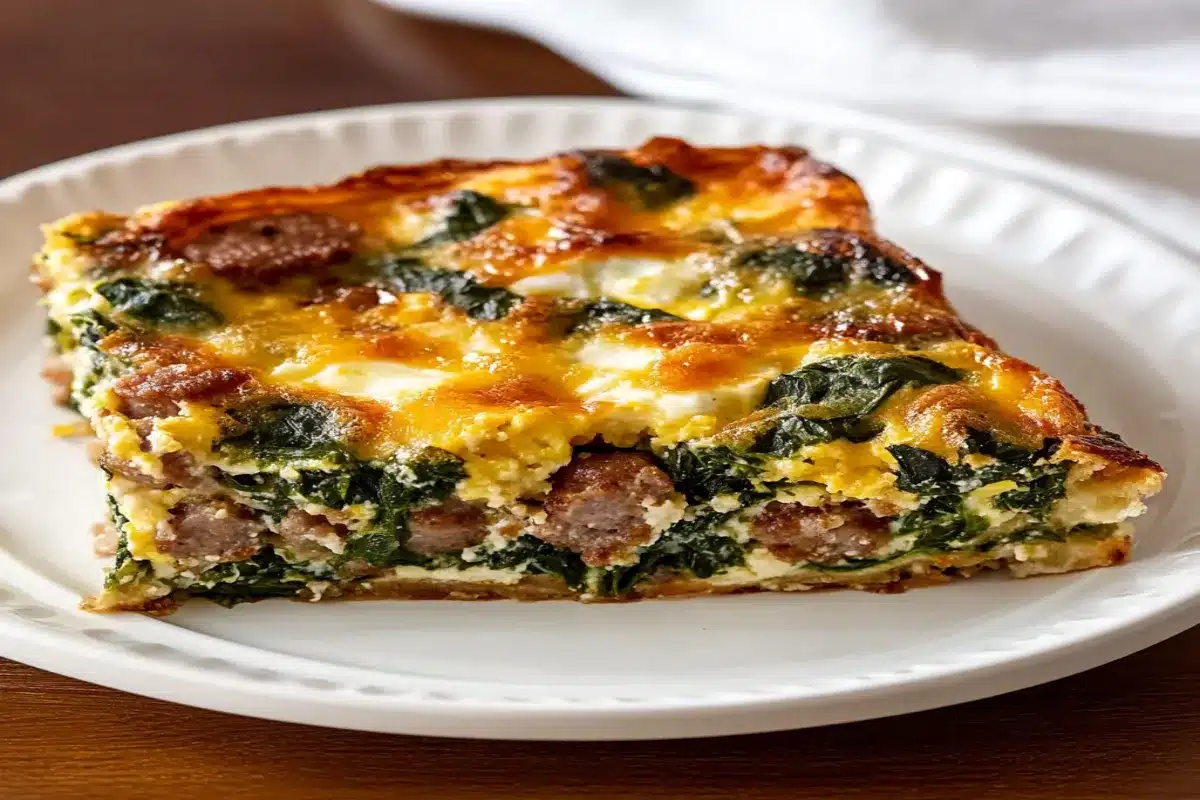 A close-up of two slices of spinach, sausage, and egg casserole on a white plate, showcasing golden brown edges, melted cheese, and vibrant green spinach.