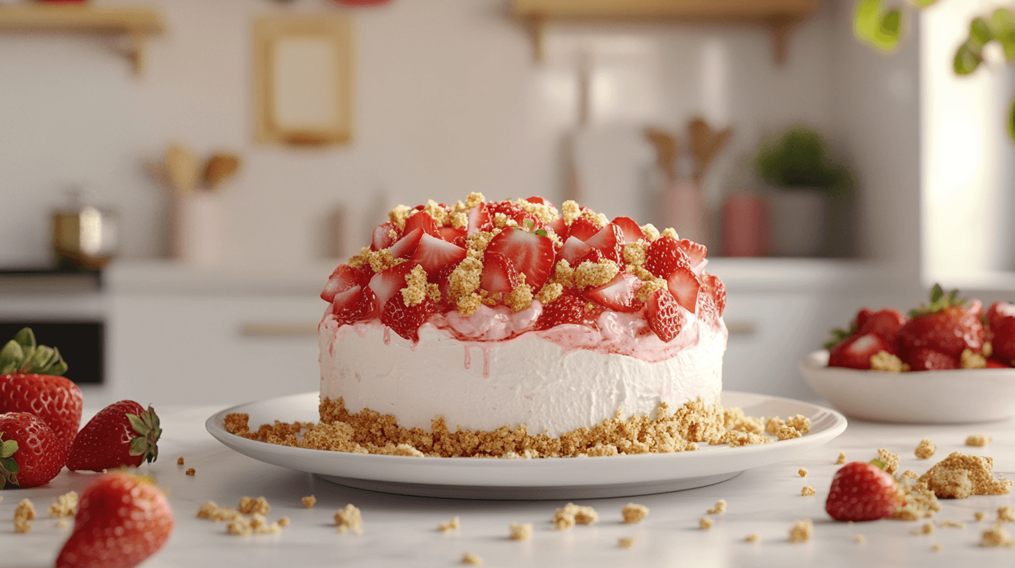 A delicious strawberry crunch cheesecake on a plate, garnished with fresh strawberries and cookie crumbles.