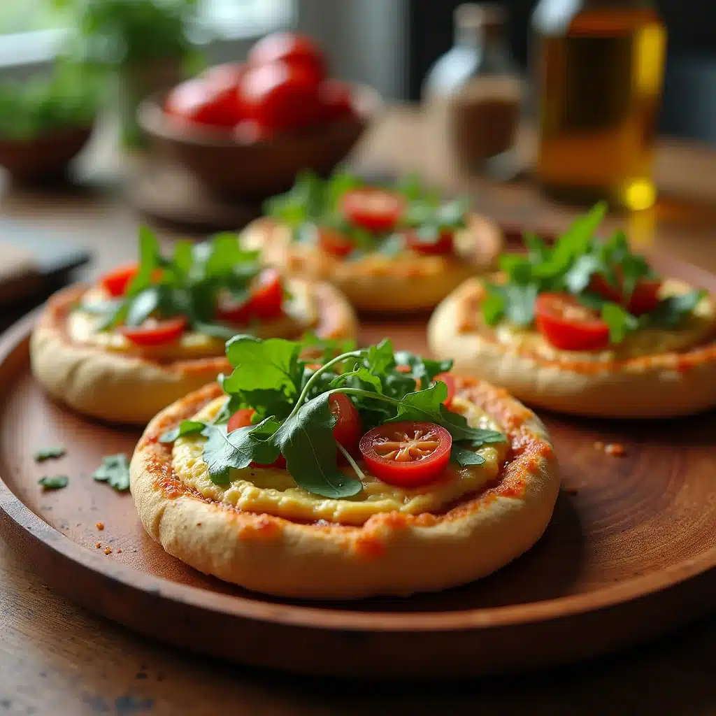 Arugula and Hummus Mini Pizzas with cherry tomatoes