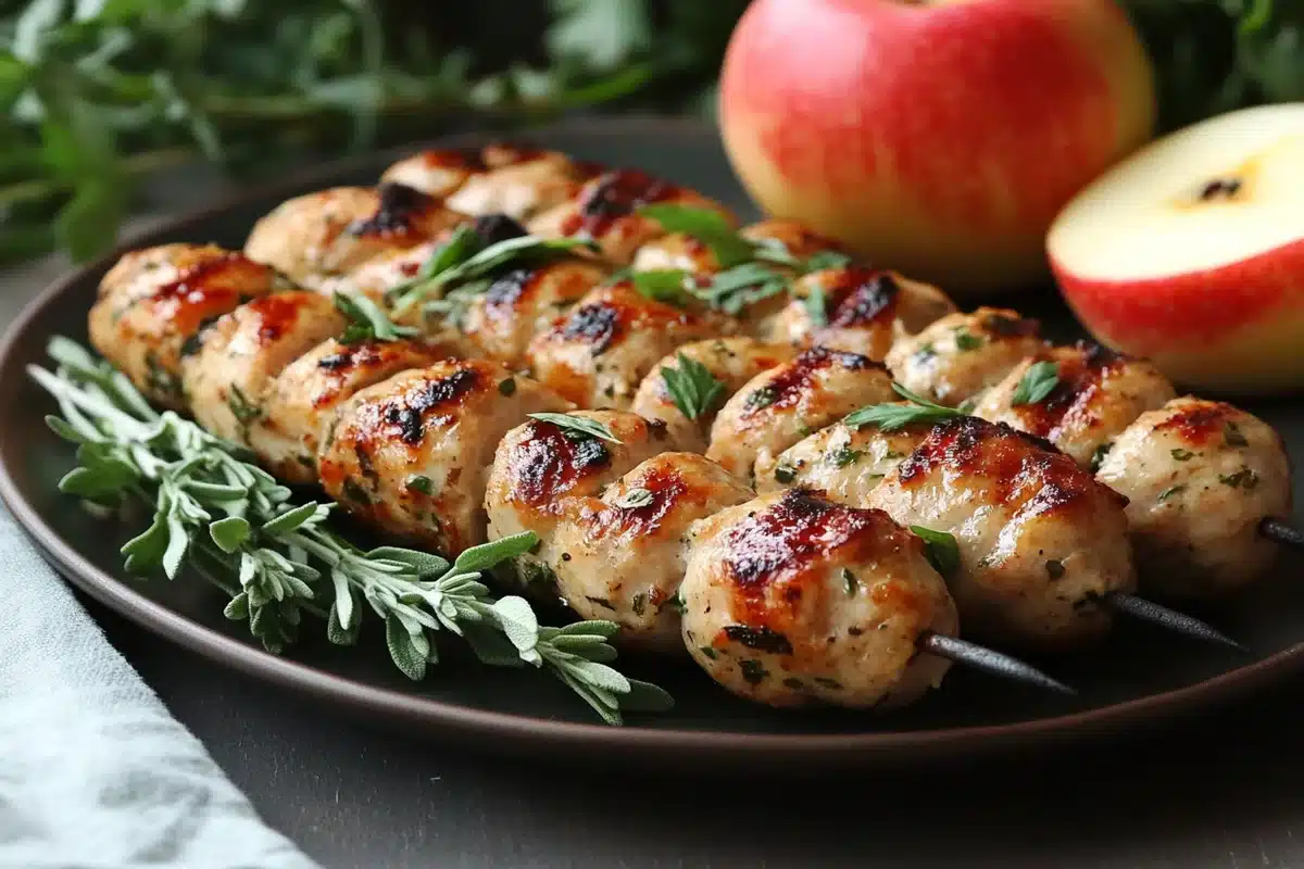 A rustic, inviting image of grilled chicken apple sausages on a plate, surrounded by fresh herbs and slices of apples, evoking warmth and deliciousness.