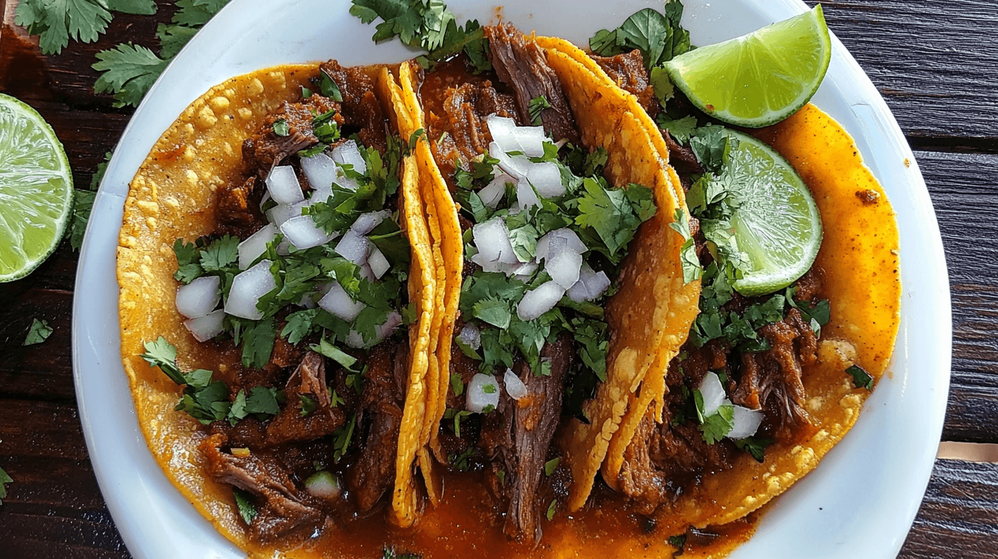 Birria tacos with slow-cooked beef, cilantro, onions, and lime served with consomé