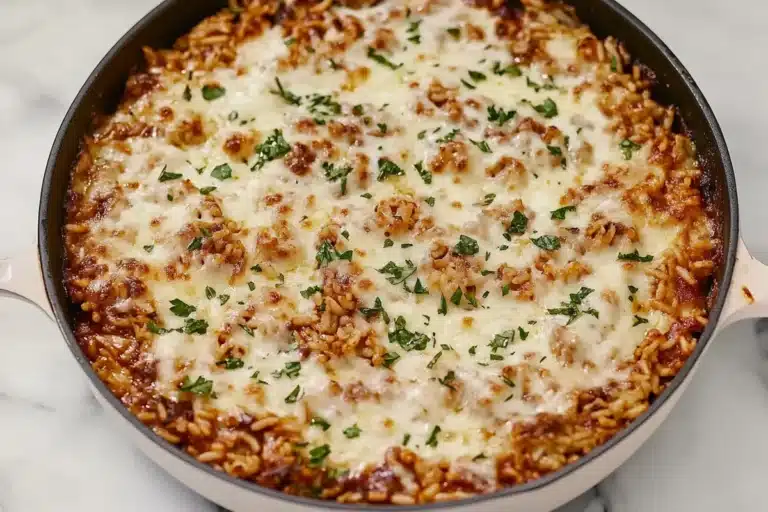 A close-up of French onion soup rice broiled to golden perfection, topped with melted Gruyère and mozzarella cheese, and crisped around the edges in a skillet.