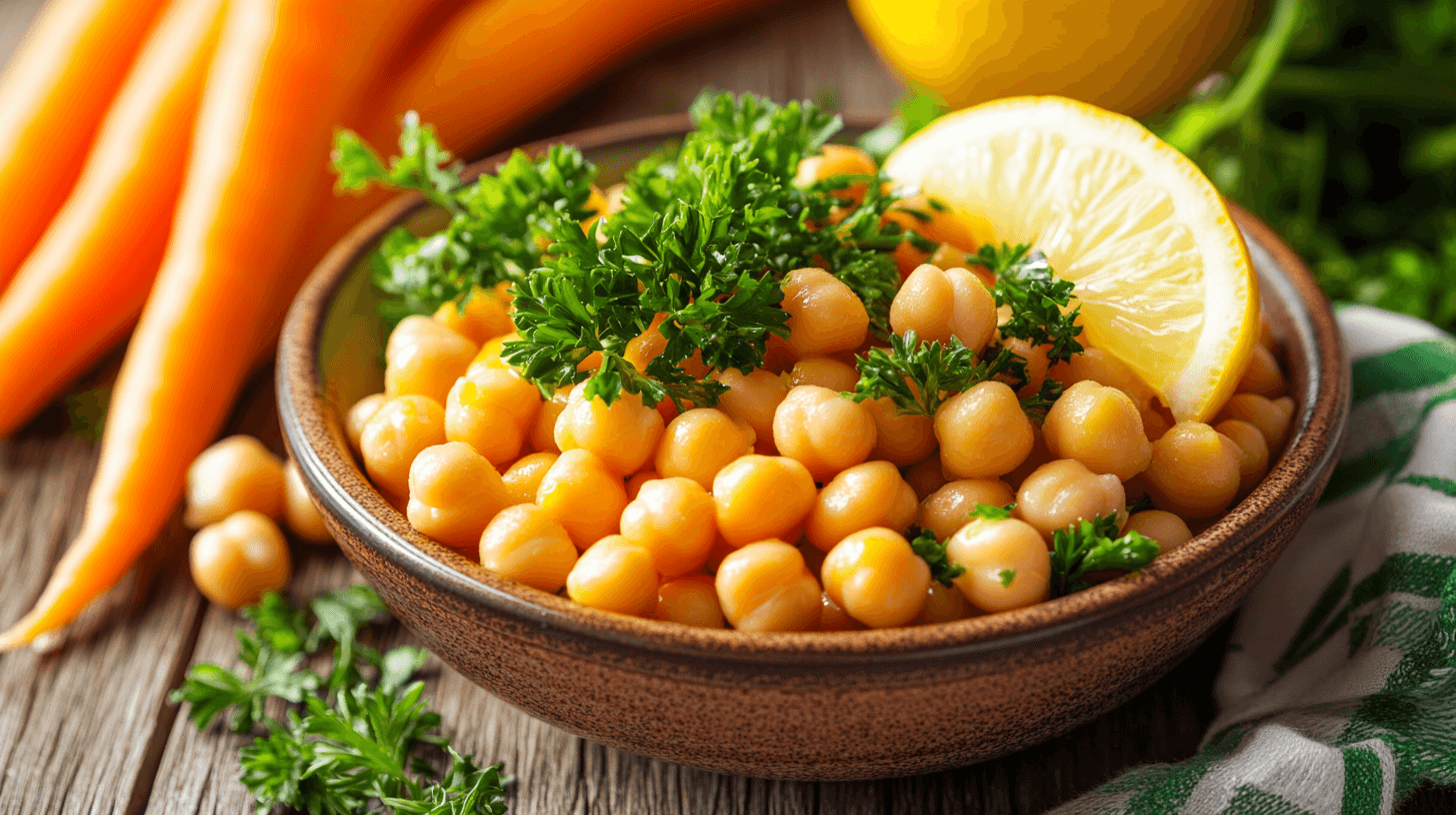 Healthy carrot and chickpea salad with parsley lemon, vibrant and fresh, served in a rustic bowl.
