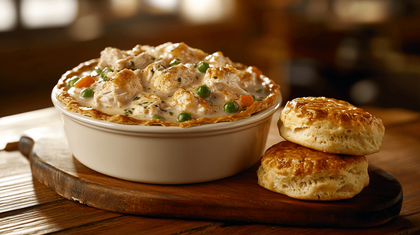 Homemade chicken pot pie with Red Lobster biscuits topping served on a rustic wooden table