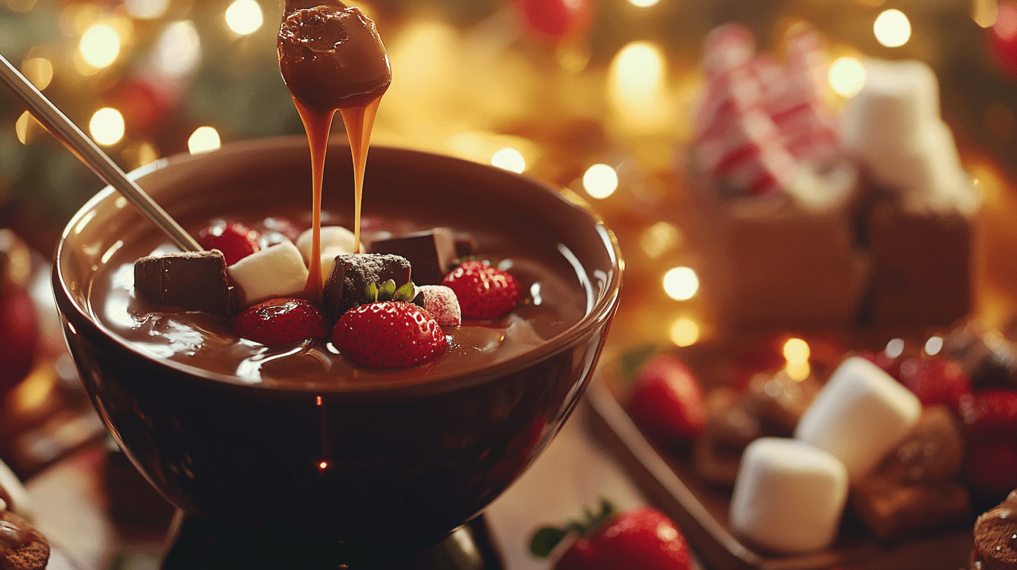 A delicious spread of chocolate caramel fondue with various dippers like strawberries, cookies, and marshmallows.