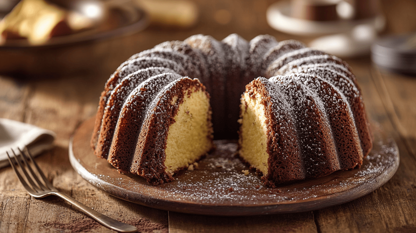 A chocolate ricotta cake with a slice cut to reveal its moist, rich texture, topped with powdered sugar.