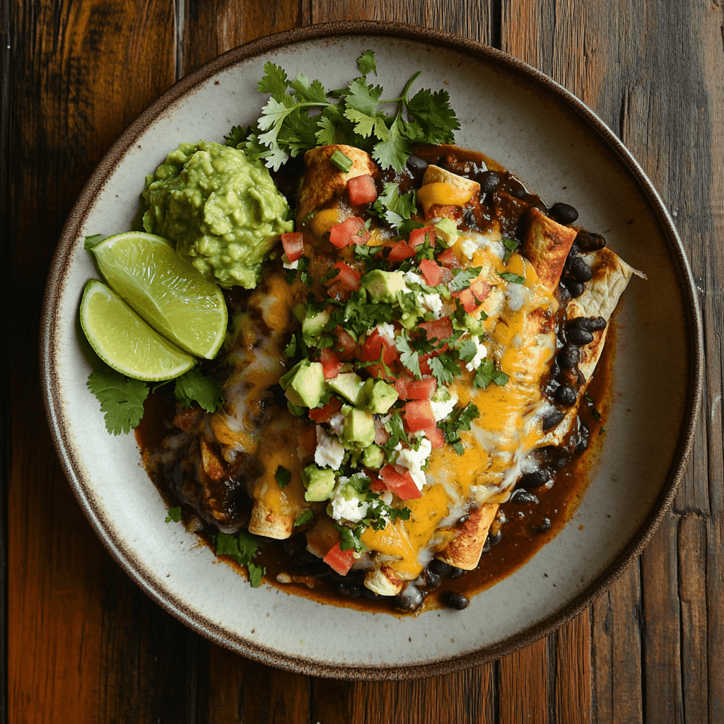 Black Bean Enchiladas served with guacamole and lime