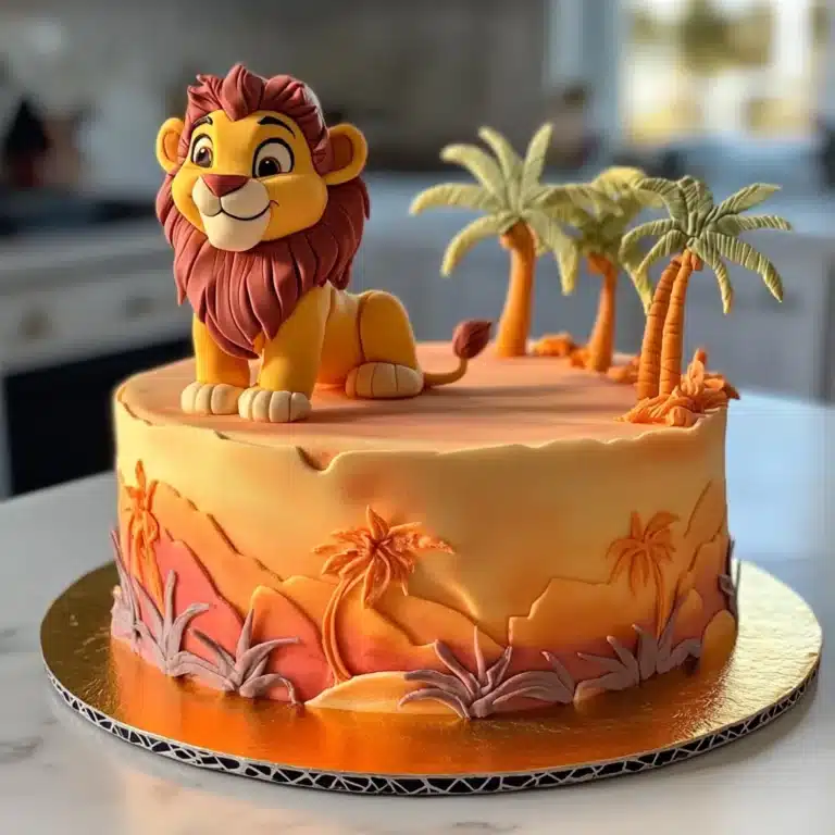 Step-by-step decorating of a Lion King cake with fondant Simba and palm trees.