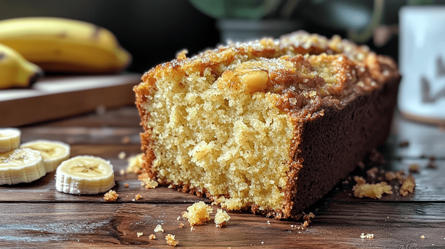 A fresh loaf of cake mix banana bread with slices on a rustic wooden table.