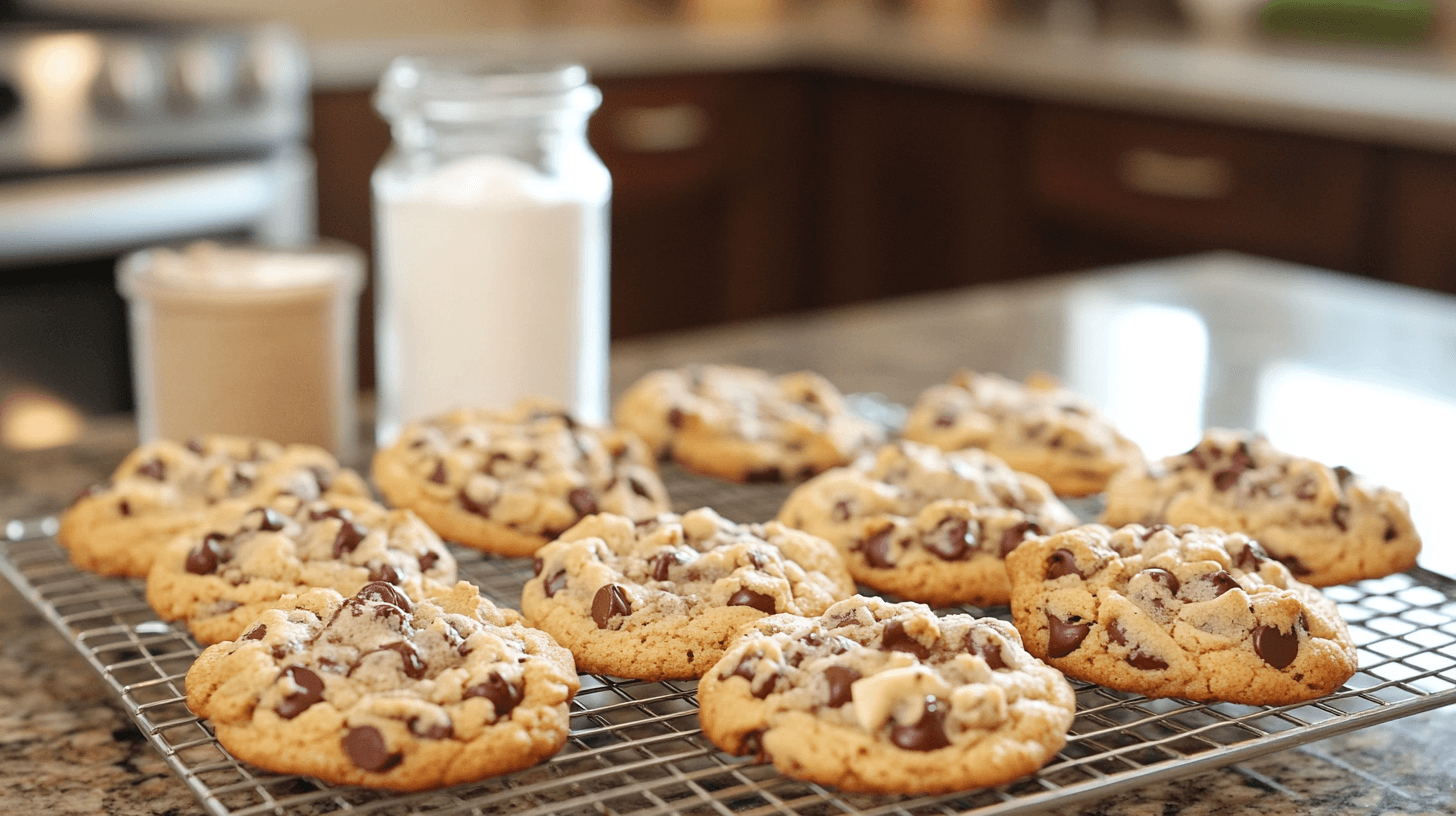 Freshly baked Crumbl cookies with gooey chocolate chips on a cooling rack, surrounded by baking ingredients.