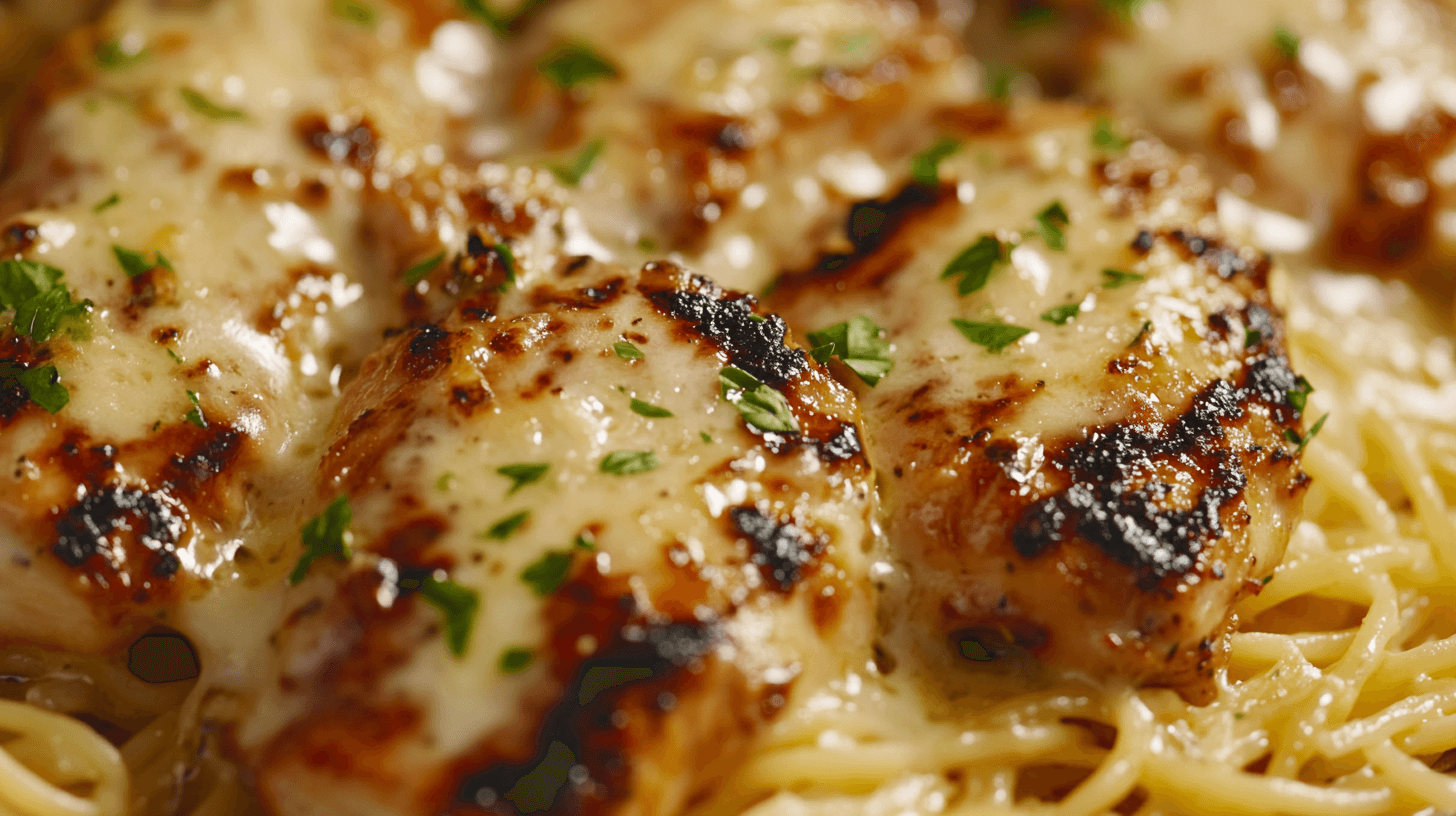 Garlic Parmesan Chicken Pasta with creamy sauce, grilled chicken, and fresh parsley.