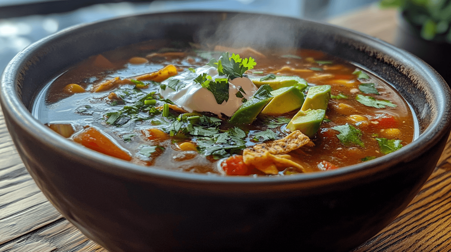 Healthy chicken tortilla soup served in a bowl with avocado, tortilla strips, and Greek yogurt.