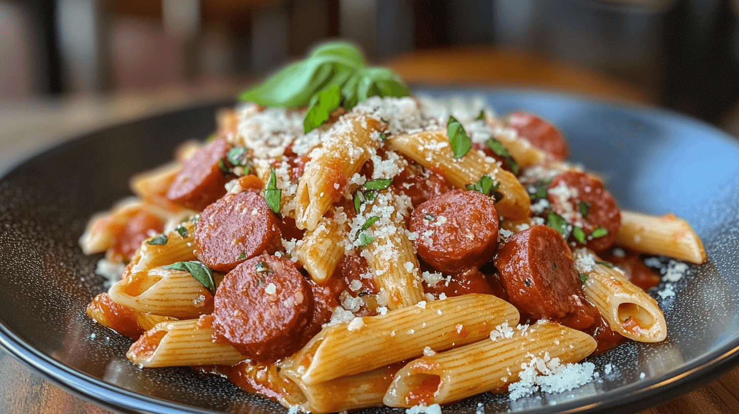A close-up of penne pasta with kielbasa slices, topped with tomato sauce, fresh basil, and parmesan cheese, perfect for a kielbasa pasta recipe.