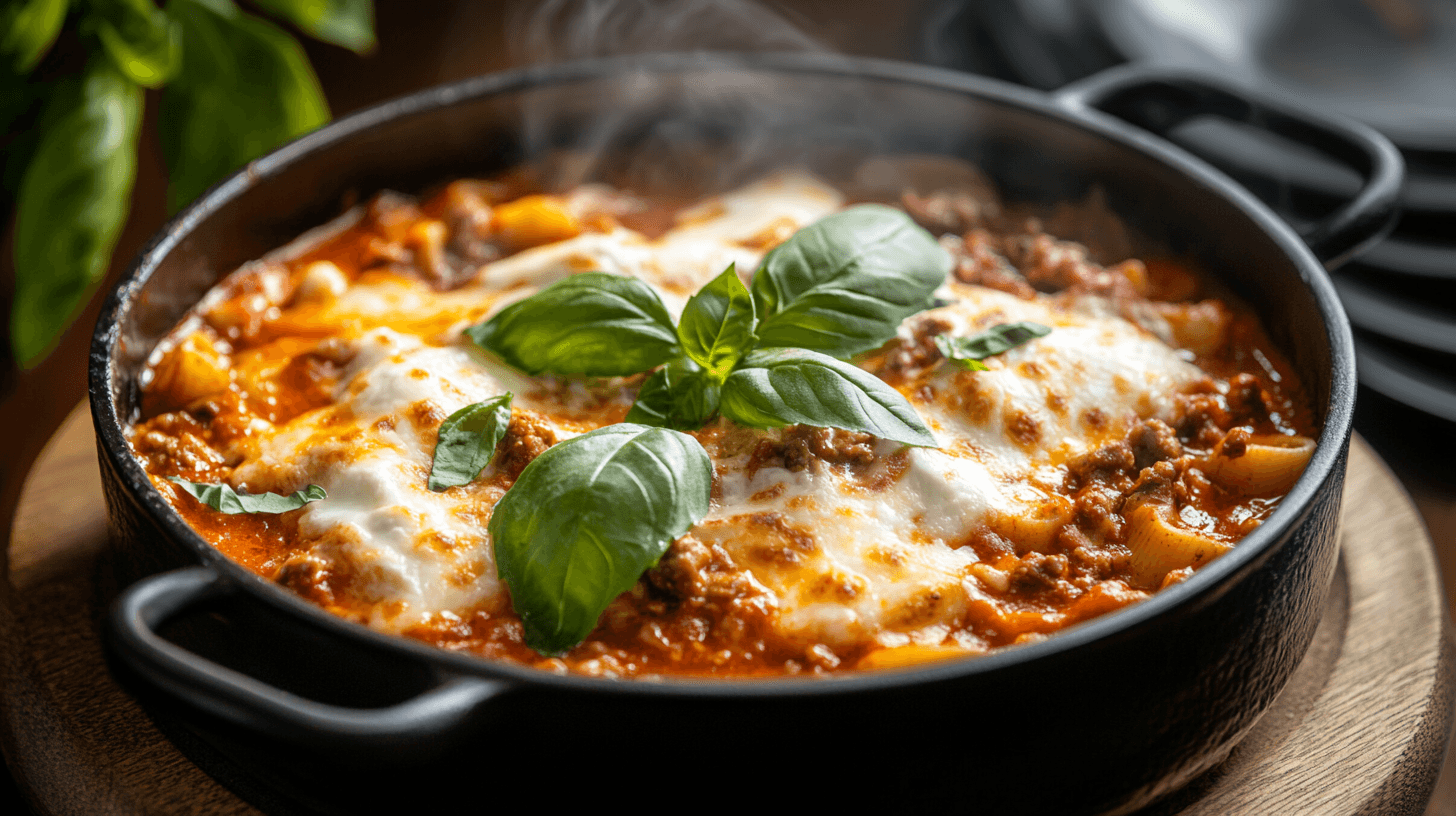 Delicious bowl of Lasagna Soup with savory broth, melted cheese, and fresh basil leaves.