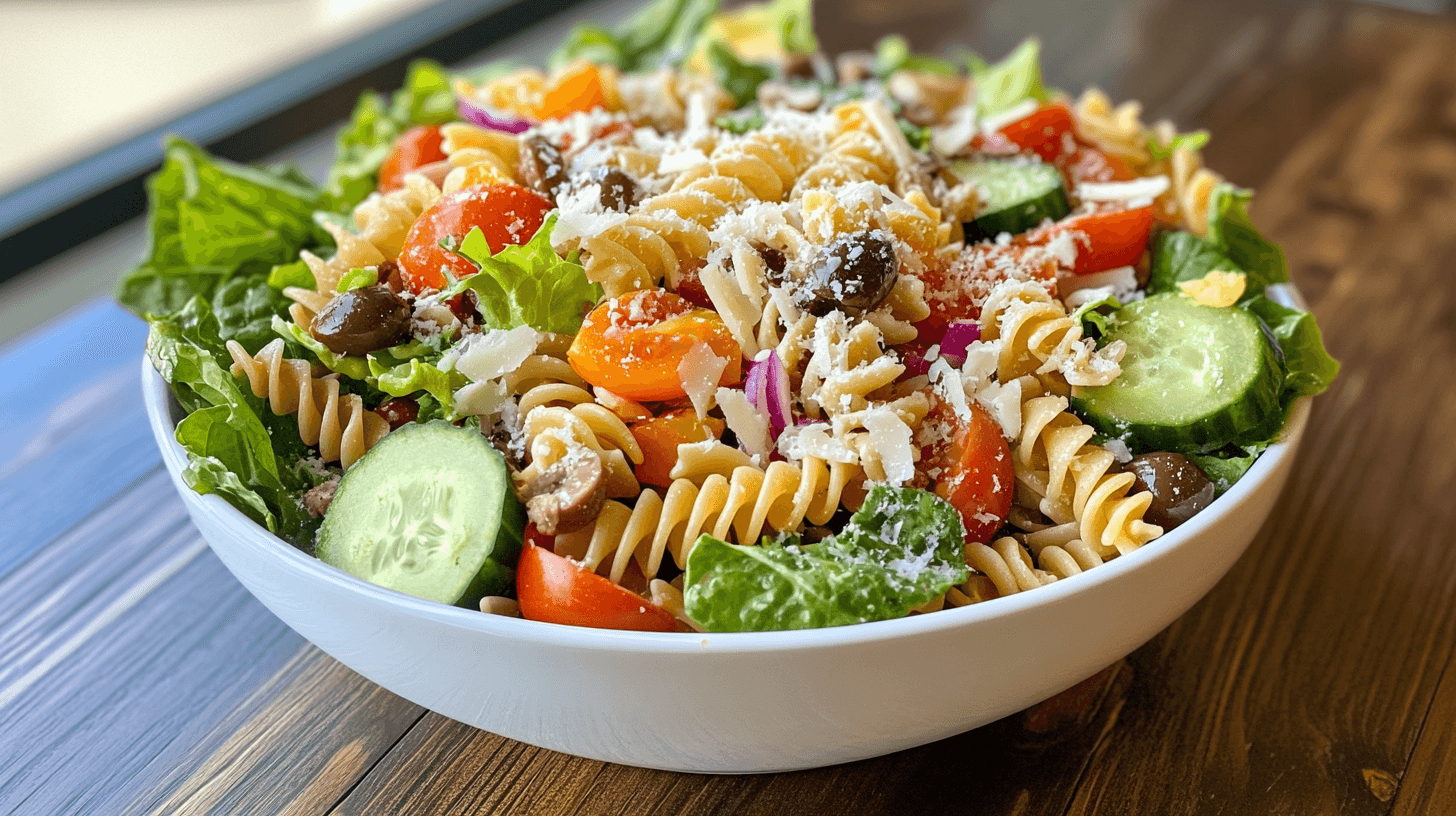 Pasta house salad in a white bowl with fresh greens, tomatoes, cucumber, mozzarella, and vinaigrette dressing