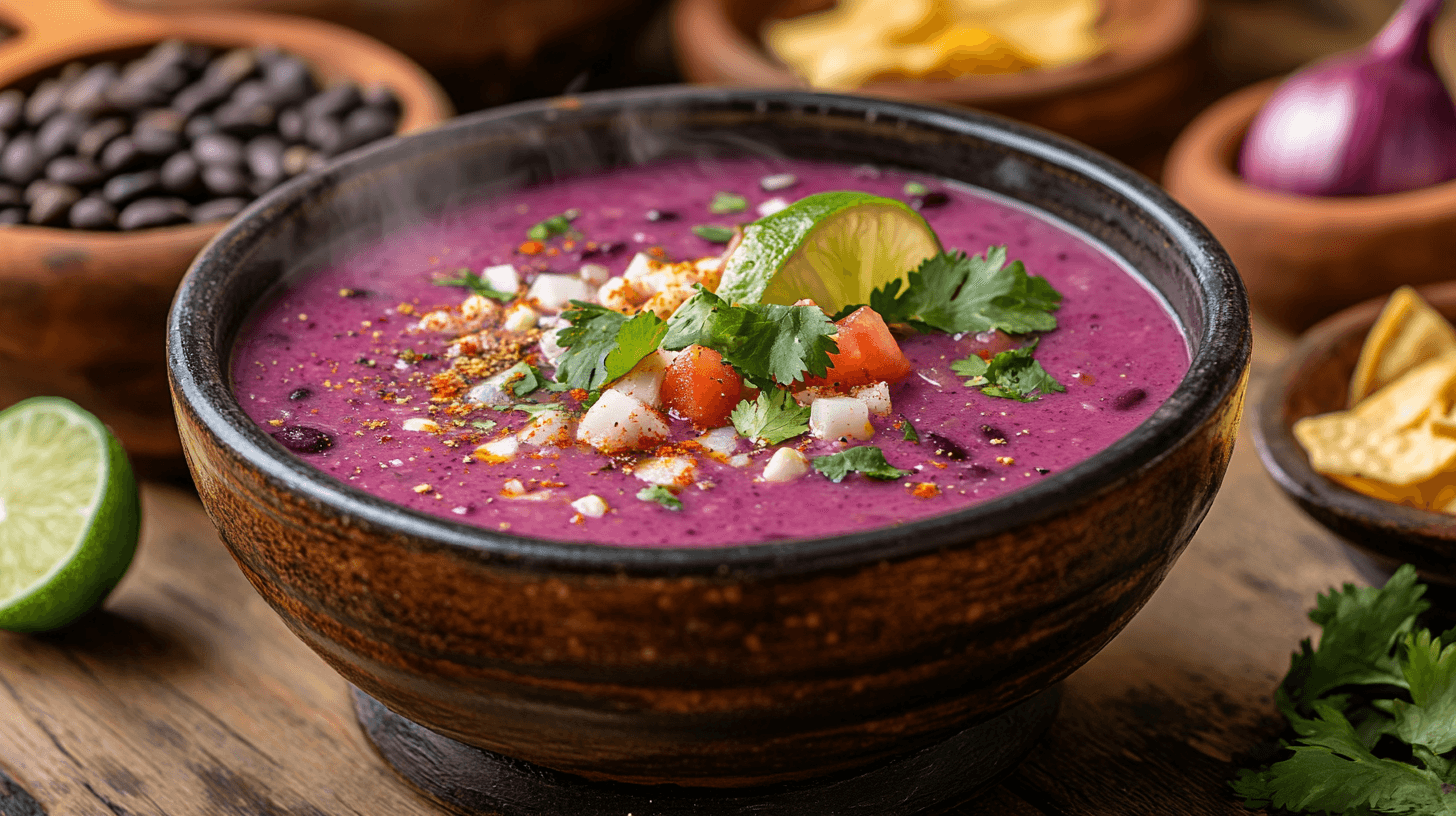 A bowl of purple black bean soup garnished with cilantro, lime, and tortilla chips, surrounded by fresh ingredients.