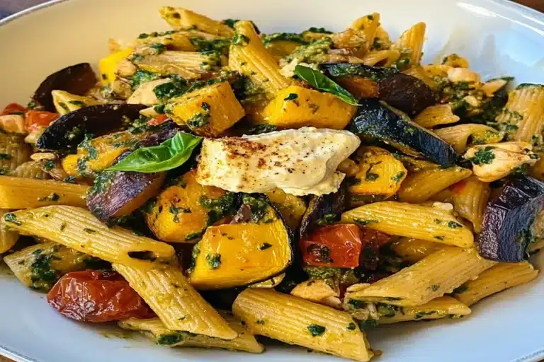 A wide-shot, side-view image of a plate of roasted Mediterranean vegetables and red lentil pesto pasta, topped with a dollop of creamy white sauce, showcasing vibrant colors of fresh vegetables and perfectly cooked pasta.
